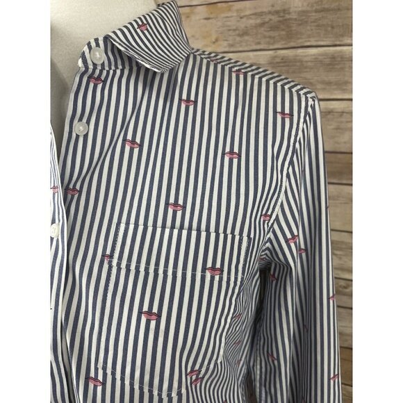 Banana Republic Small Quinn Boy Fit Button Up Striped Lip Print Blouse Blue Pink - Picture 3 of 11